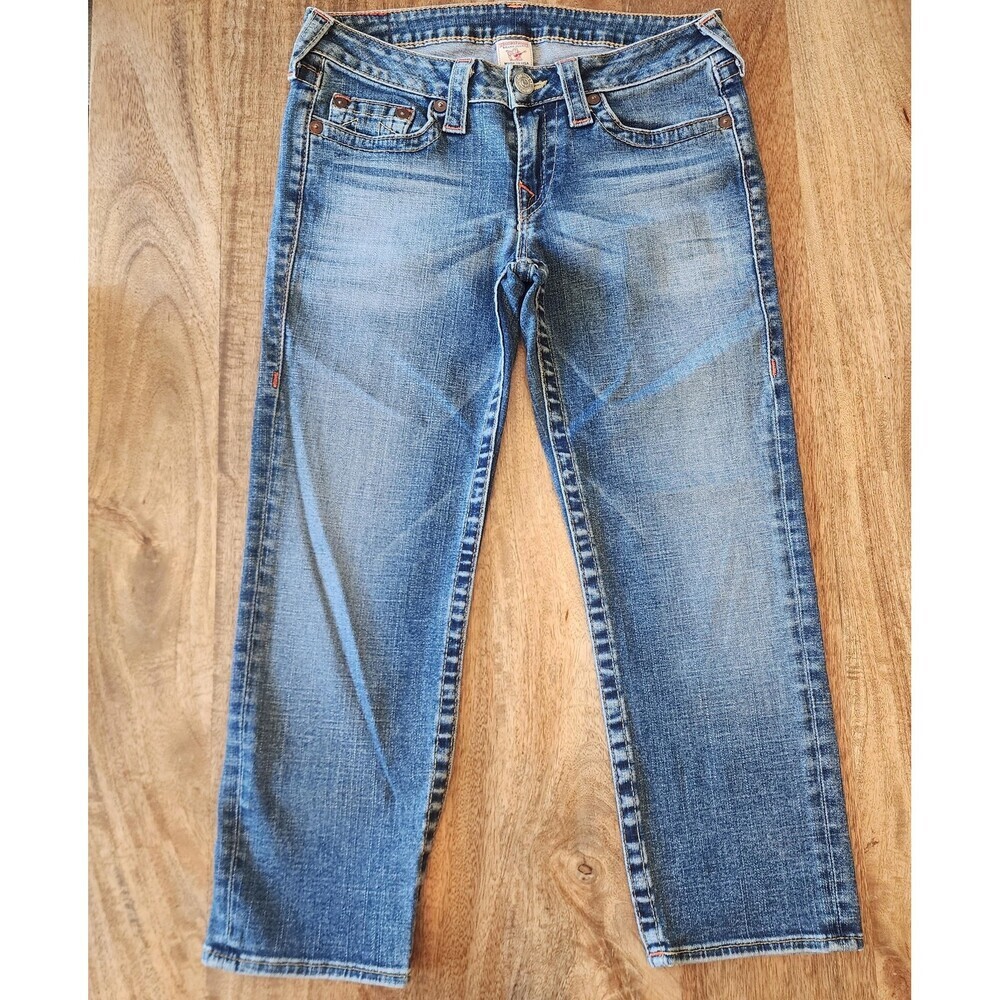 True Religion Jeans Womens 30 Blue Wash Straight Crop Stretch Made In USA Denim